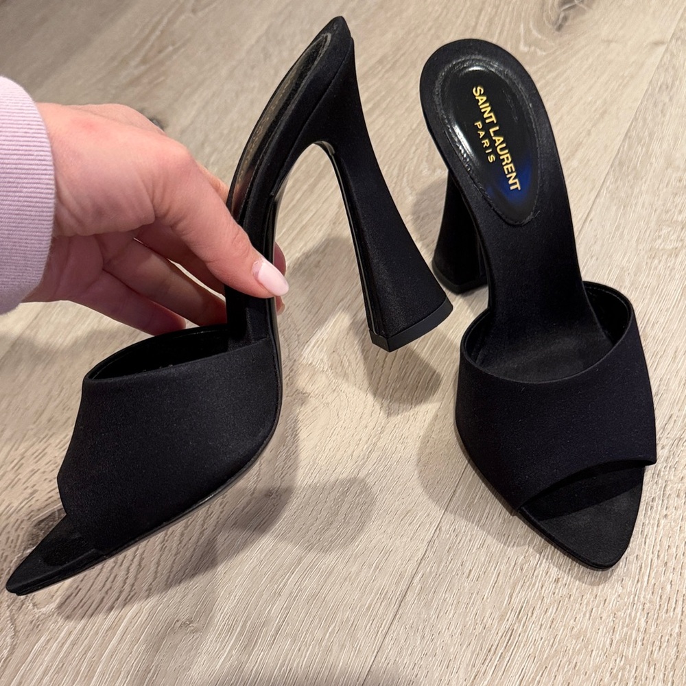 Saint Laurent Black Satin Open-Toe Slide Heels - Picture 3 of 5